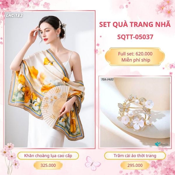Set Quà Tặng Khăn Choàng Lụa 90*180cm Và Trâm Cài Áo Trang Nhã (SQTT05037)