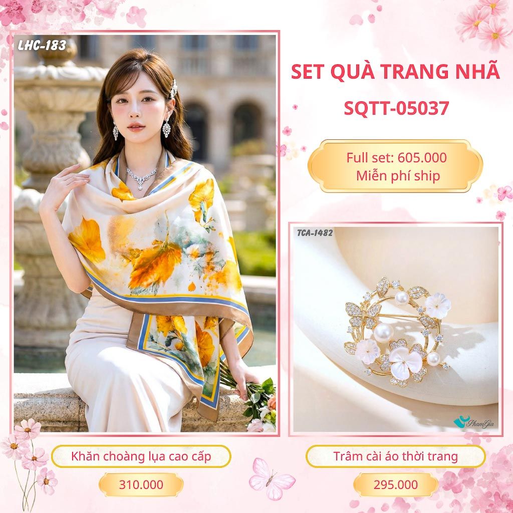 Set Quà Tặng Khăn Choàng Lụa 90*180cm Và Trâm Cài Áo Trang Nhã (SQTT05037)