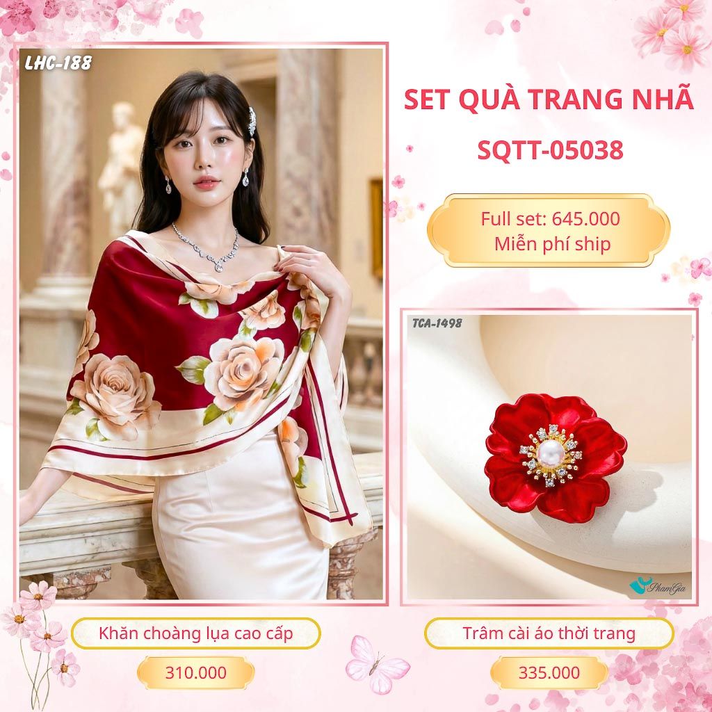 Set Quà Tặng Khăn Choàng Lụa 90*180cm Và Trâm Cài Áo Trang Nhã (SQTT05038)
