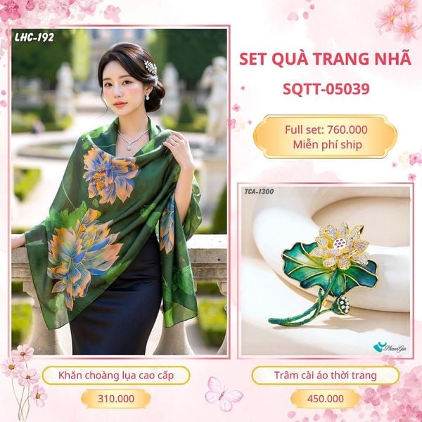 Set Quà Tặng Khăn Choàng Lụa 90*180cm Và Trâm Cài Áo Trang Nhã (SQTT05039)