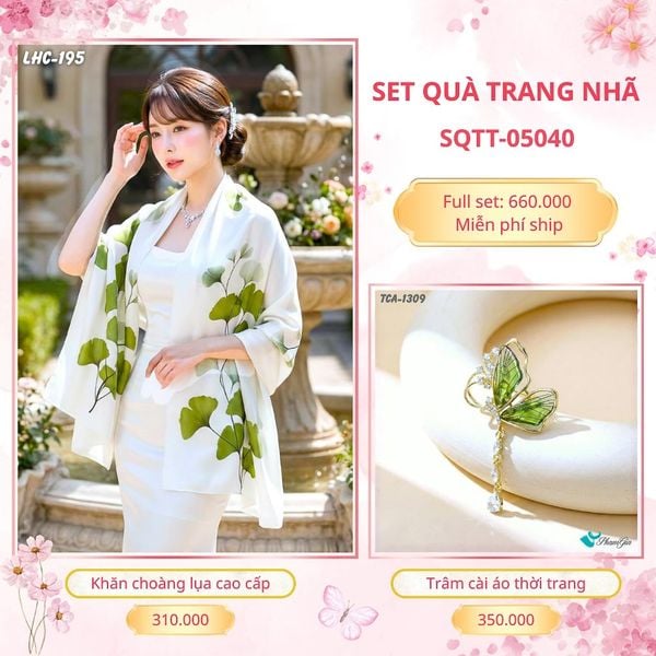 Set Quà Tặng Khăn Choàng Lụa 90*180cm Và Trâm Cài Áo Trang Nhã (SQTT05040)
