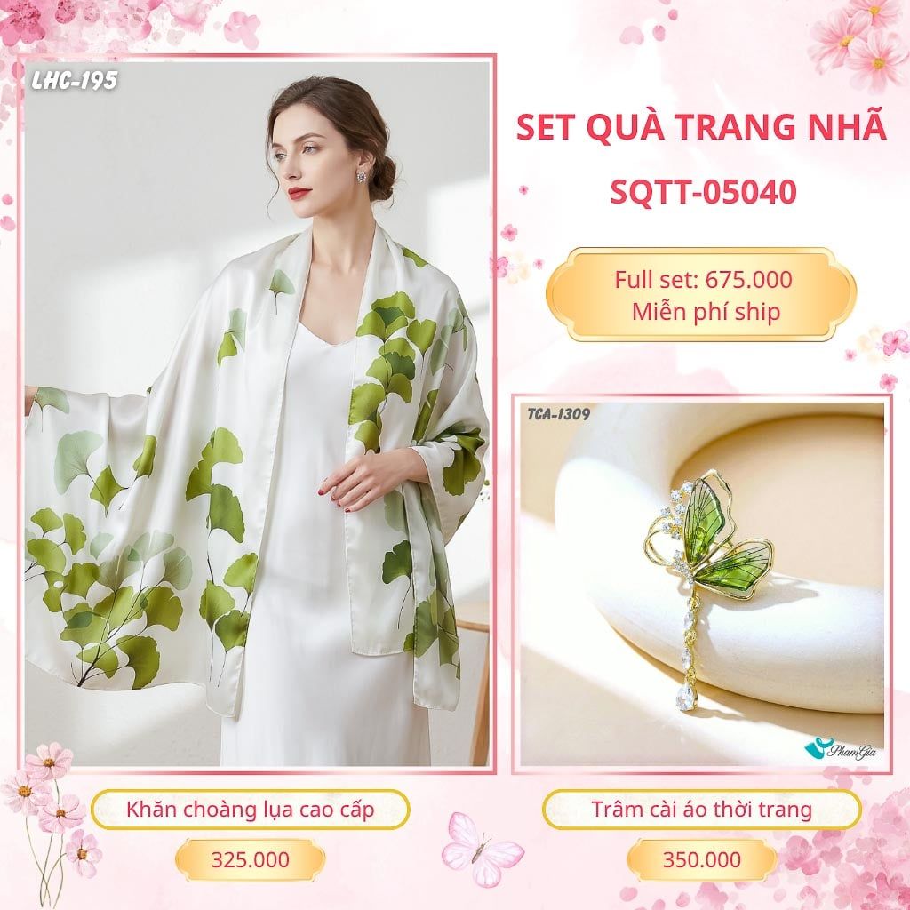 Set Quà Tặng Khăn Choàng Lụa 90*180cm Và Trâm Cài Áo Trang Nhã (SQTT05040)