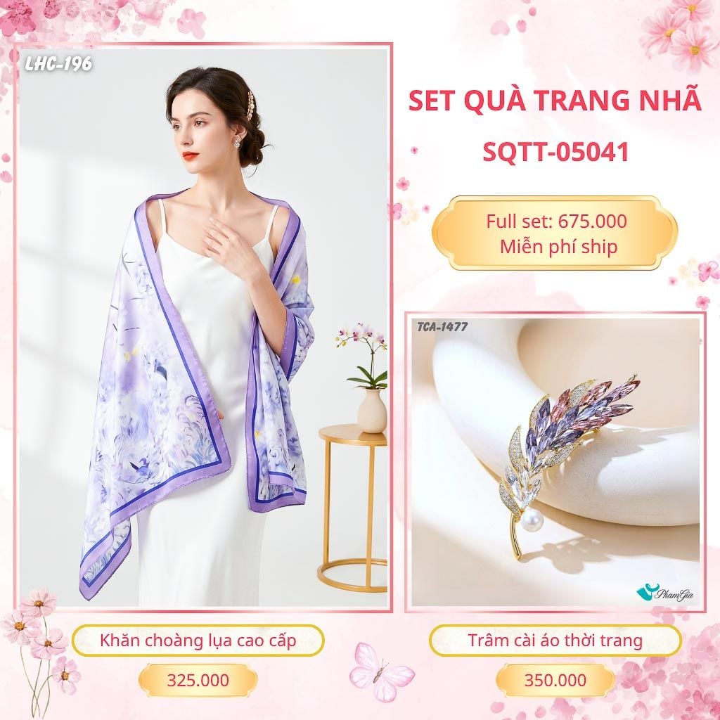 Set Quà Tặng Khăn Choàng Lụa 90*180cm Và Trâm Cài Áo Trang Nhã (SQTT05041)