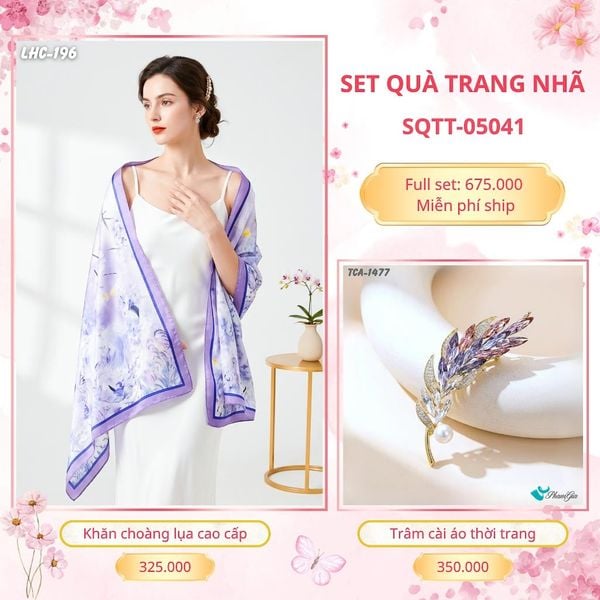 Set Quà Tặng Khăn Choàng Lụa 90*180cm Và Trâm Cài Áo Trang Nhã (SQTT05041)