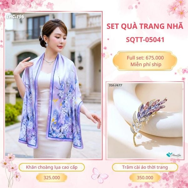 Set Quà Tặng Khăn Choàng Lụa 90*180cm Và Trâm Cài Áo Trang Nhã (SQTT05041)