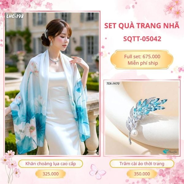 Set Quà Tặng Khăn Choàng Lụa 90*180cm Và Trâm Cài Áo Trang Nhã (SQTT05042)