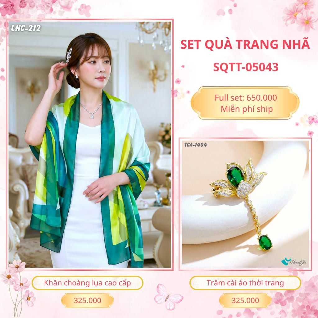 Set Quà Tặng Khăn Choàng Lụa 90*180cm Và Trâm Cài Áo Trang Nhã (SQTT05043)