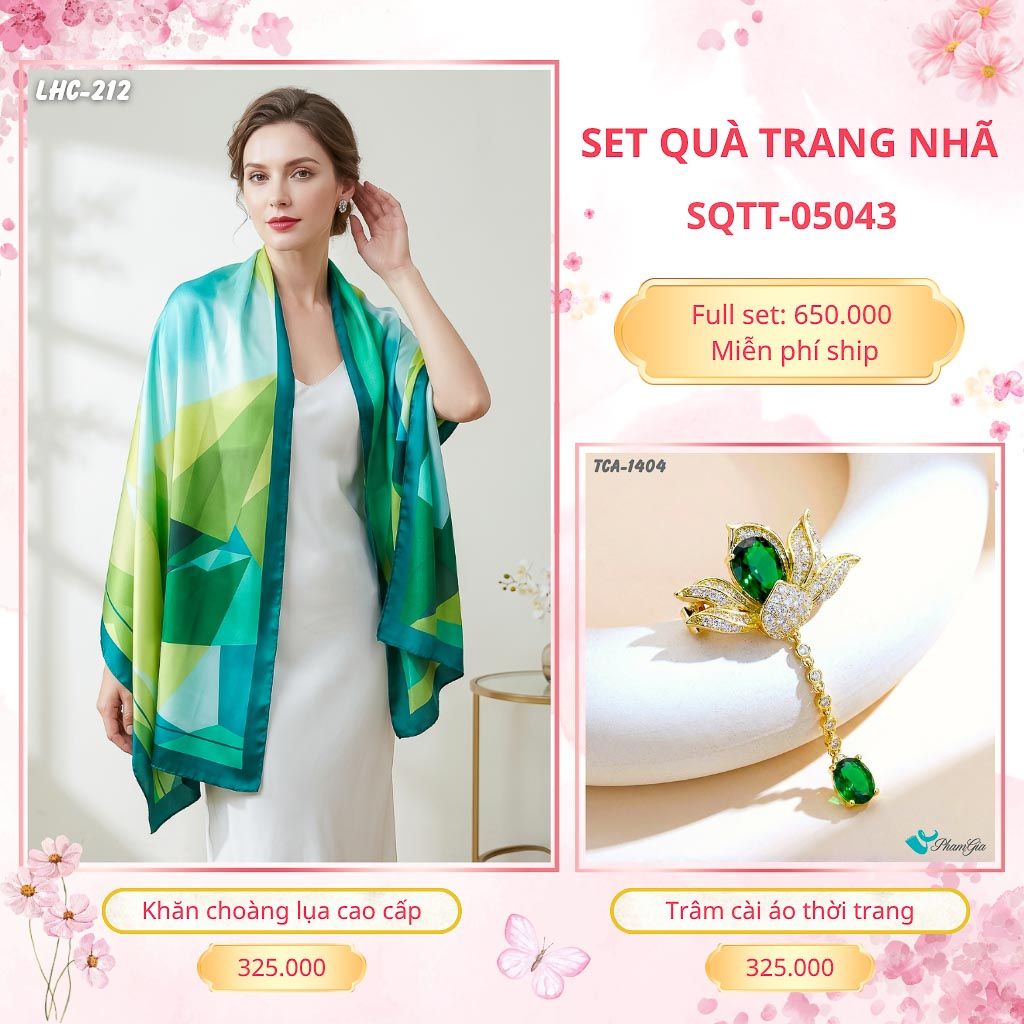 Set Quà Tặng Khăn Choàng Lụa 90*180cm Và Trâm Cài Áo Trang Nhã (SQTT05043)