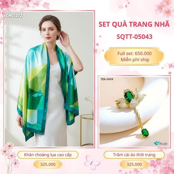 Set Quà Tặng Khăn Choàng Lụa 90*180cm Và Trâm Cài Áo Trang Nhã (SQTT05043)