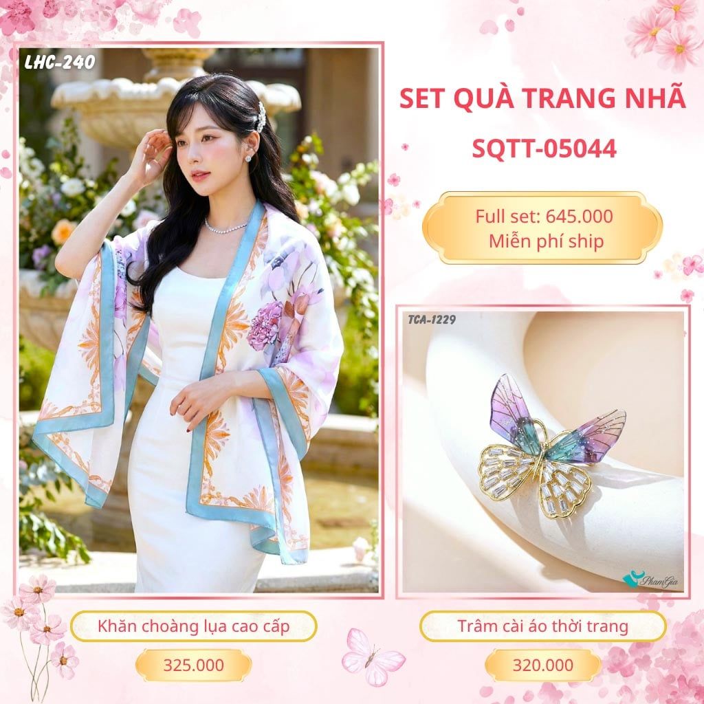 Set Quà Tặng Khăn Choàng Lụa 90*180cm Và Trâm Cài Áo Trang Nhã (SQTT05044)