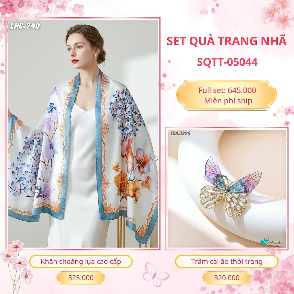 Set Quà Tặng Khăn Choàng Lụa 90*180cm Và Trâm Cài Áo Trang Nhã (SQTT05044)