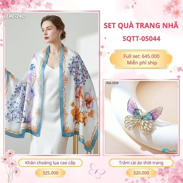 Set Quà Tặng Khăn Choàng Lụa 90*180cm Và Trâm Cài Áo Trang Nhã (SQTT05044)