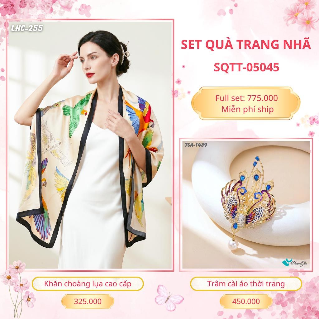 Set Quà Tặng Khăn Choàng Lụa 90*180cm Và Trâm Cài Áo Trang Nhã (SQTT05045)