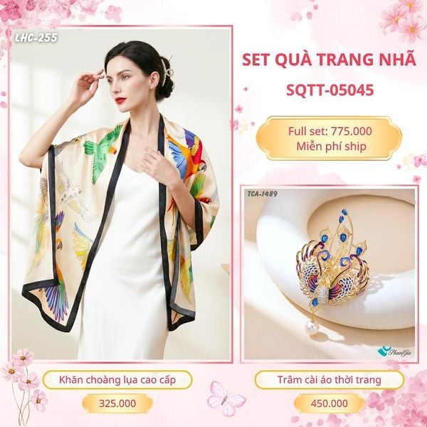 Set Quà Tặng Khăn Choàng Lụa 90*180cm Và Trâm Cài Áo Trang Nhã (SQTT05045)