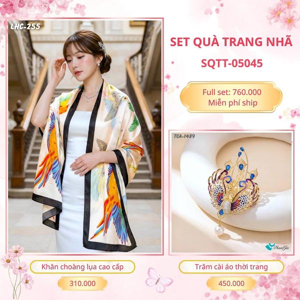 Set Quà Tặng Khăn Choàng Lụa 90*180cm Và Trâm Cài Áo Trang Nhã (SQTT05045)