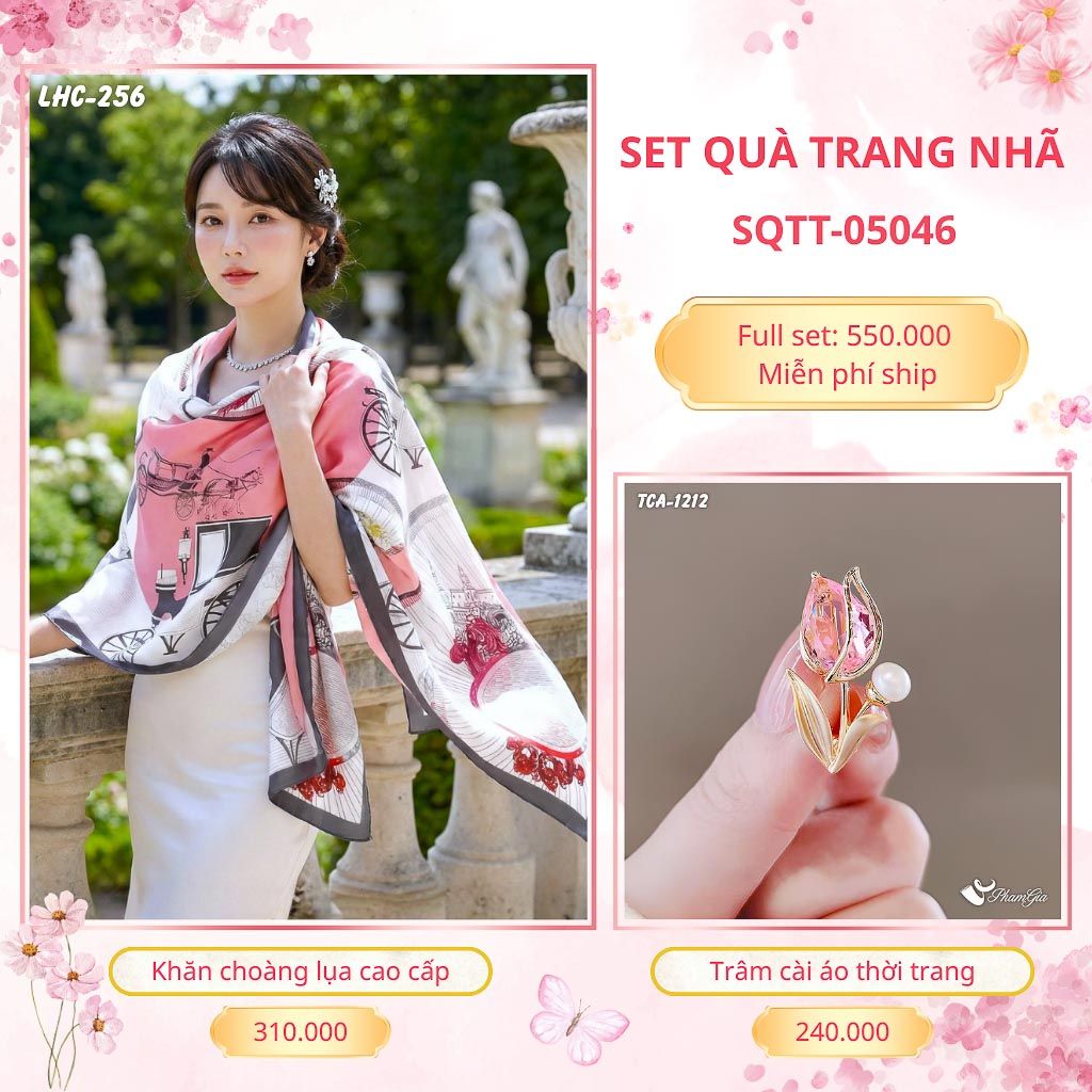 Set Quà Tặng Khăn Choàng Lụa 90*180cm Và Trâm Cài Áo Trang Nhã (SQTT05046)