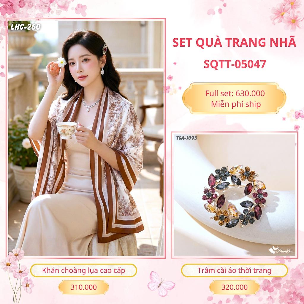 Set Quà Tặng Khăn Choàng Lụa 90*180cm Và Trâm Cài Áo Trang Nhã (SQTT05047)