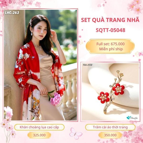 Set Quà Tặng Khăn Choàng Lụa 90*180cm Và Trâm Cài Áo Trang Nhã (SQTT05048)