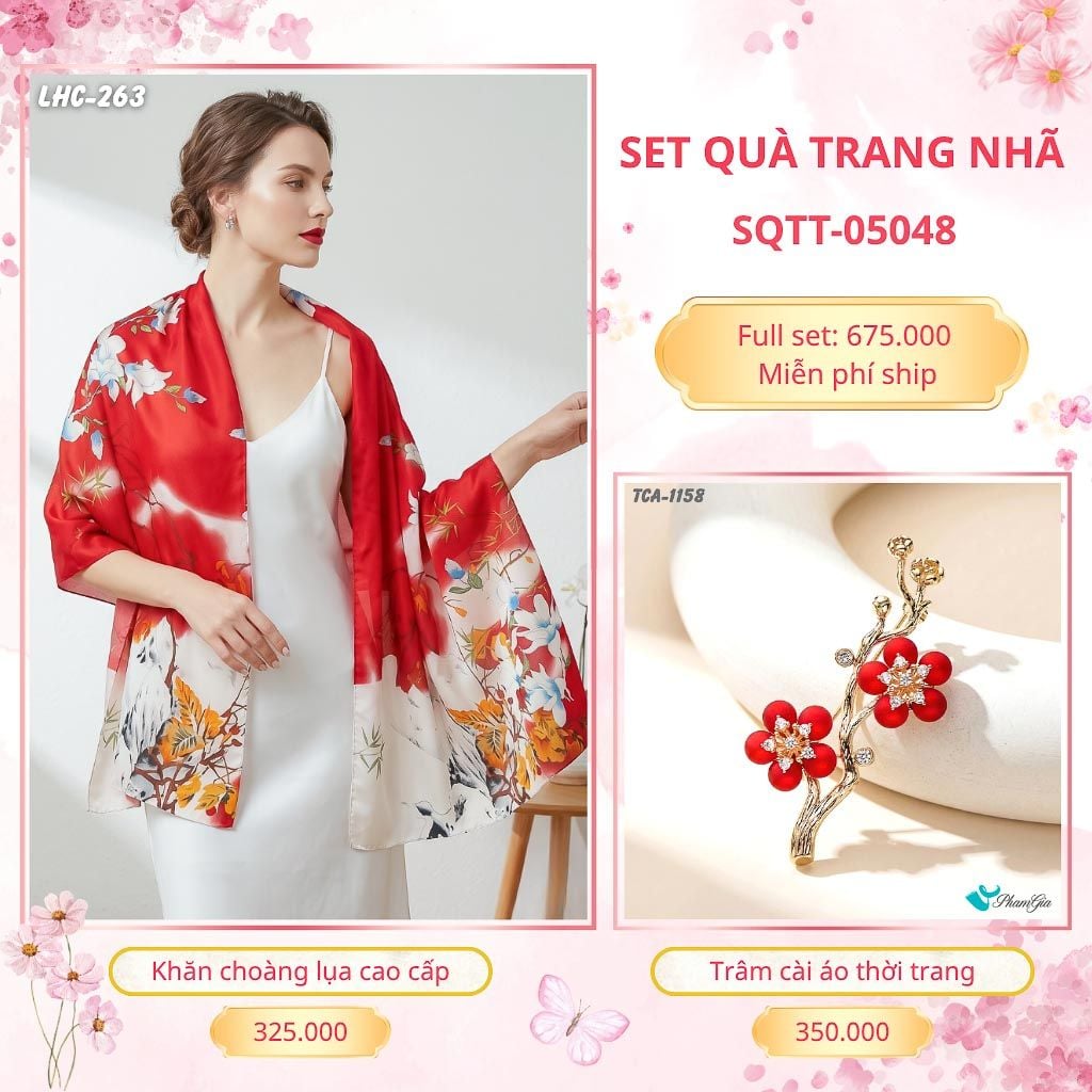 Set Quà Tặng Khăn Choàng Lụa 90*180cm Và Trâm Cài Áo Trang Nhã (SQTT05048)