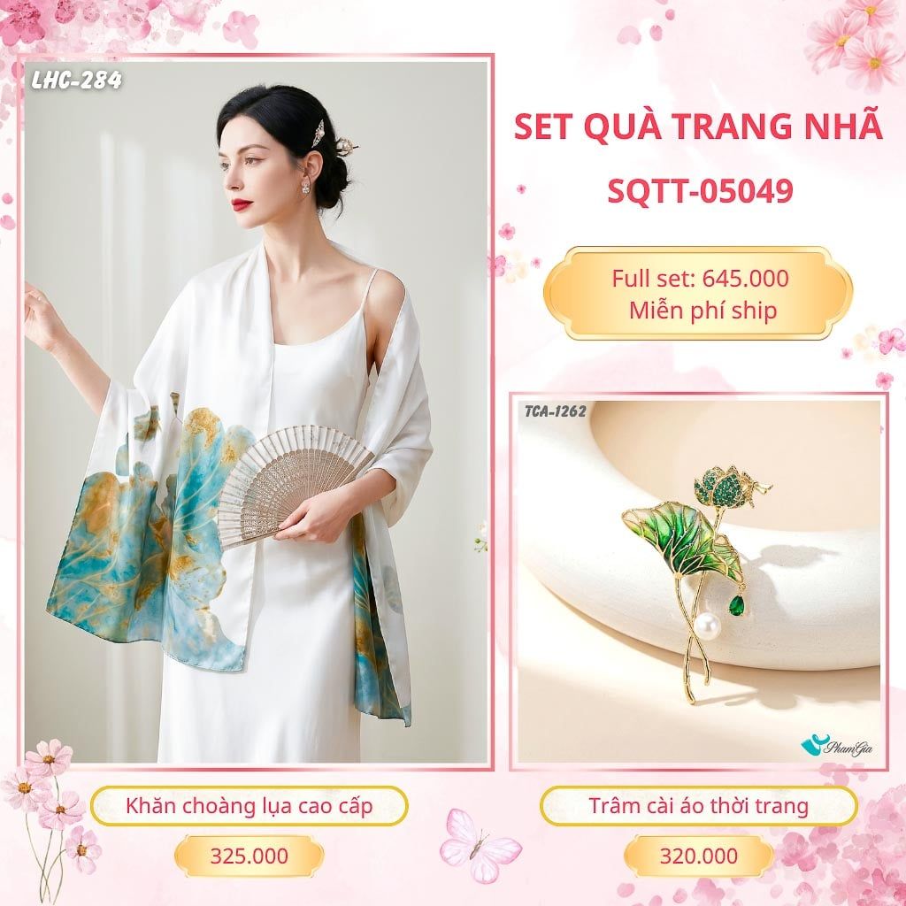 Set Quà Tặng Khăn Choàng Lụa 90*180cm Và Trâm Cài Áo Trang Nhã (SQTT05049)