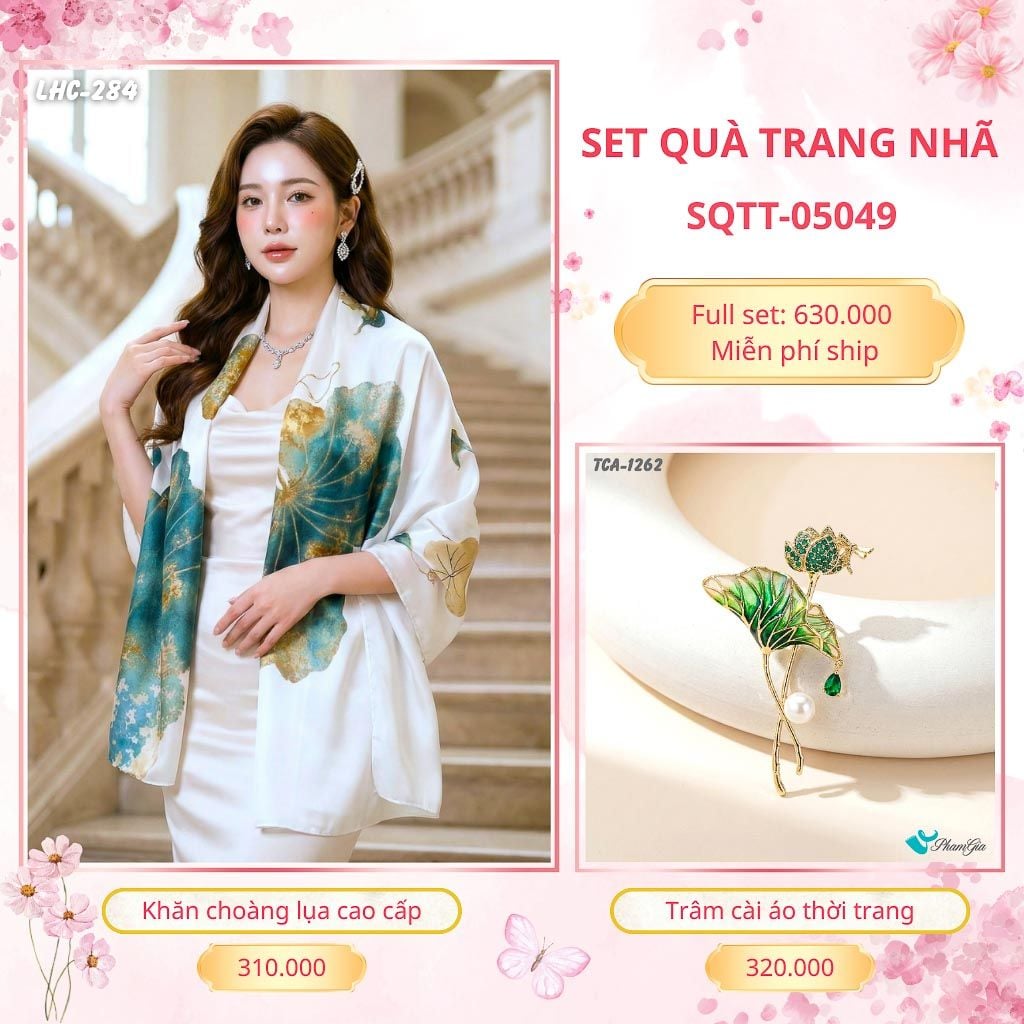 Set Quà Tặng Khăn Choàng Lụa 90*180cm Và Trâm Cài Áo Trang Nhã (SQTT05049)