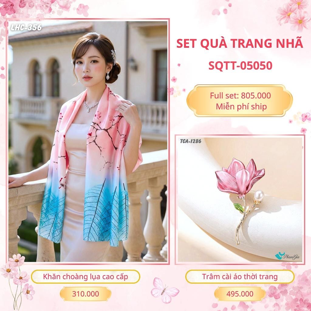 Set Quà Tặng Khăn Choàng Lụa 90*180cm Và Trâm Cài Áo Trang Nhã (SQTT05050)