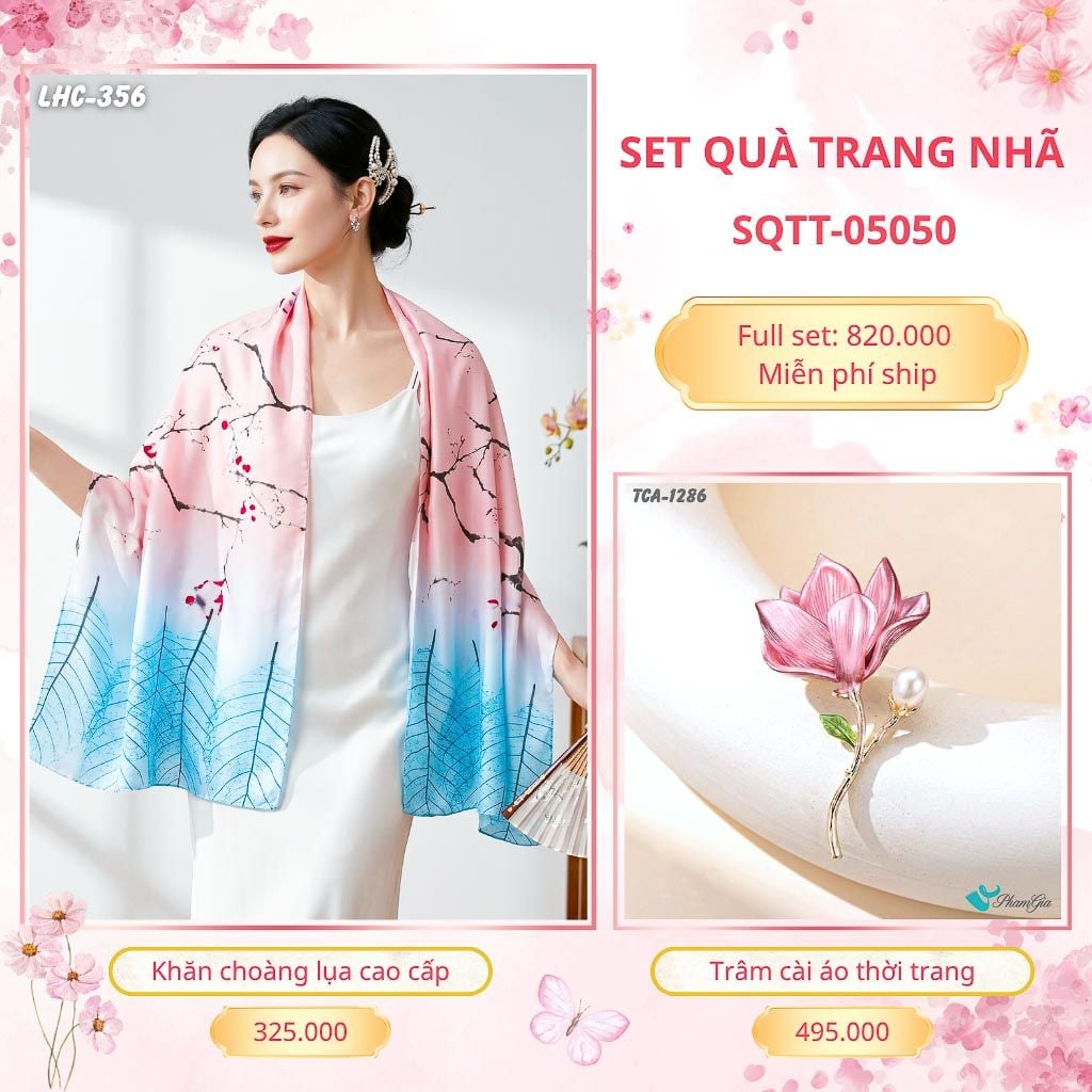Set Quà Tặng Khăn Choàng Lụa 90*180cm Và Trâm Cài Áo Trang Nhã (SQTT05050)