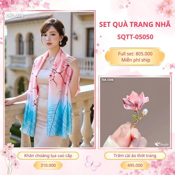 Set Quà Tặng Khăn Choàng Lụa 90*180cm Và Trâm Cài Áo Trang Nhã (SQTT05050)