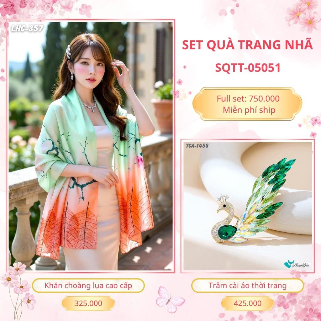 Set Quà Tặng Khăn Choàng Lụa 90*180cm Và Trâm Cài Áo Trang Nhã (SQTT05051)