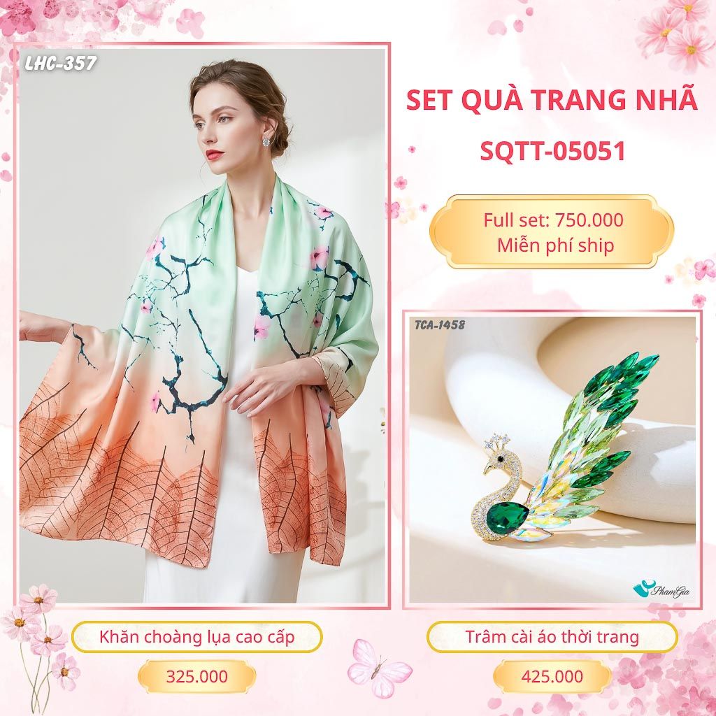 Set Quà Tặng Khăn Choàng Lụa 90*180cm Và Trâm Cài Áo Trang Nhã (SQTT05051)