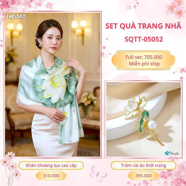 Set Quà Tặng Khăn Choàng Lụa 90*180cm Và Trâm Cài Áo Trang Nhã (SQTT05052)