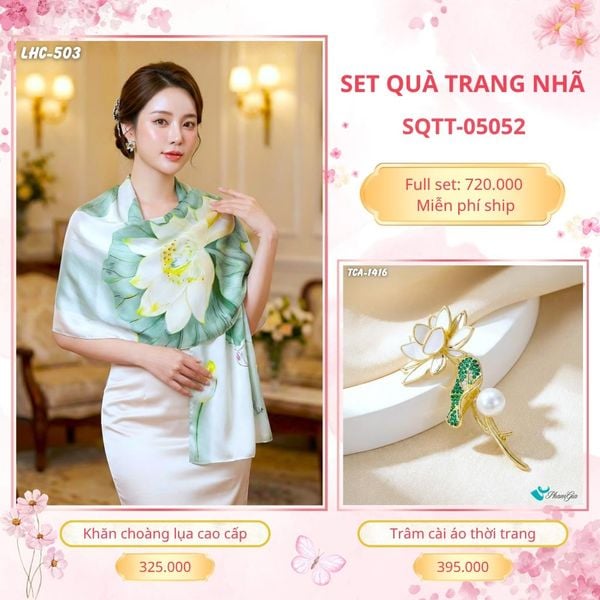 Set Quà Tặng Khăn Choàng Lụa 90*180cm Và Trâm Cài Áo Trang Nhã (SQTT05052)