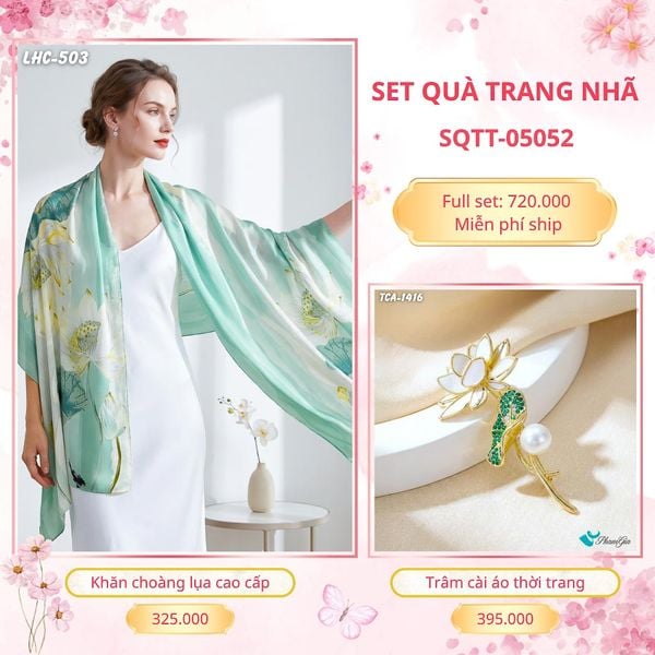 Set Quà Tặng Khăn Choàng Lụa 90*180cm Và Trâm Cài Áo Trang Nhã (SQTT05052)
