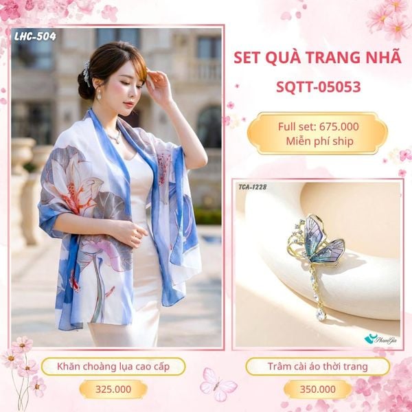 Set Quà Tặng Khăn Choàng Lụa 90*180cm Và Trâm Cài Áo Trang Nhã (SQTT05053)