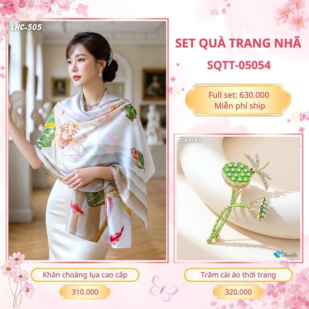 Set Quà Tặng Khăn Choàng Lụa 90*180cm Và Trâm Cài Áo Trang Nhã (SQTT05054)