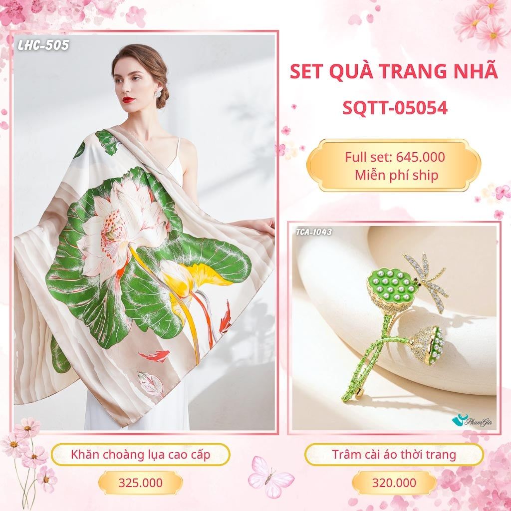 Set Quà Tặng Khăn Choàng Lụa 90*180cm Và Trâm Cài Áo Trang Nhã (SQTT05054)