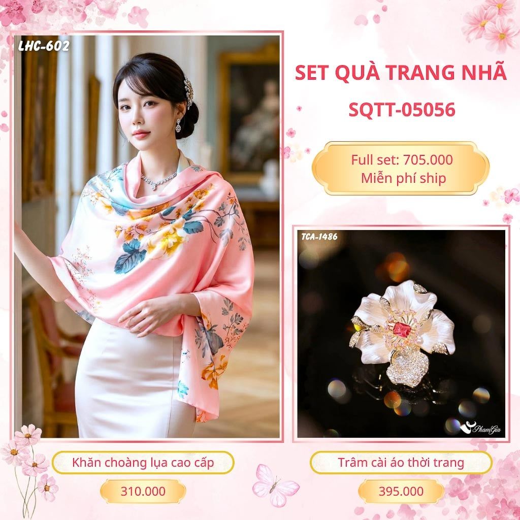 Set Quà Tặng Khăn Choàng Lụa 90*180cm Và Trâm Cài Áo Trang Nhã (SQTT05056)