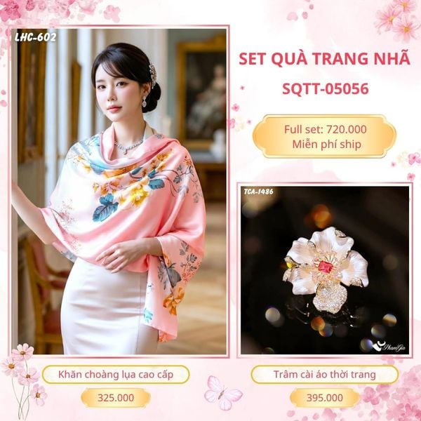 Set Quà Tặng Khăn Choàng Lụa 90*180cm Và Trâm Cài Áo Trang Nhã (SQTT05056)