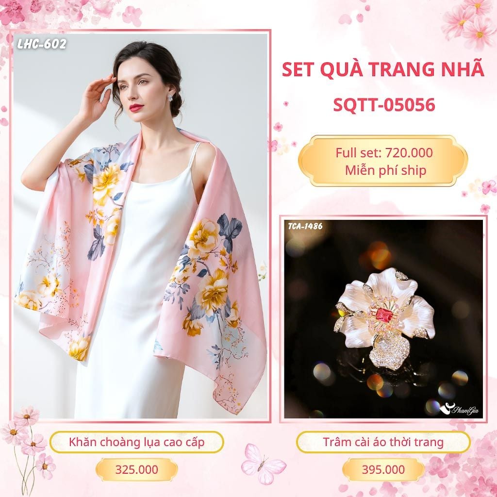 Set Quà Tặng Khăn Choàng Lụa 90*180cm Và Trâm Cài Áo Trang Nhã (SQTT05056)