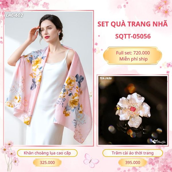 Set Quà Tặng Khăn Choàng Lụa 90*180cm Và Trâm Cài Áo Trang Nhã (SQTT05056)