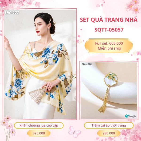 Set Quà Tặng Khăn Choàng Lụa 90*180cm Và Trâm Cài Áo Trang Nhã (SQTT05057)