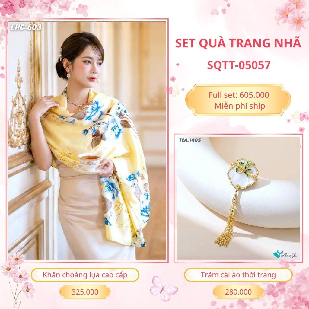 Set Quà Tặng Khăn Choàng Lụa 90*180cm Và Trâm Cài Áo Trang Nhã (SQTT05057)