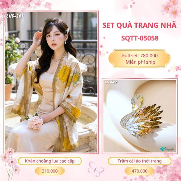 Set Quà Tặng Khăn Choàng Lụa 90*180cm Và Trâm Cài Áo Trang Nhã (SQTT05058)