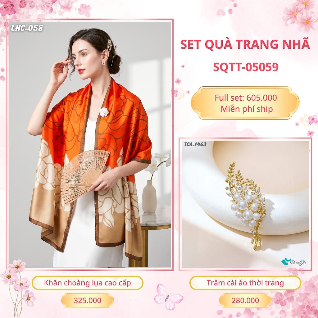 Set Quà Tặng Khăn Choàng Lụa 90*180cm Và Trâm Cài Áo Trang Nhã (SQTT05059)