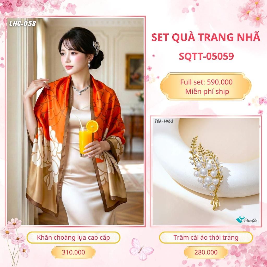 Set Quà Tặng Khăn Choàng Lụa 90*180cm Và Trâm Cài Áo Trang Nhã (SQTT05059)
