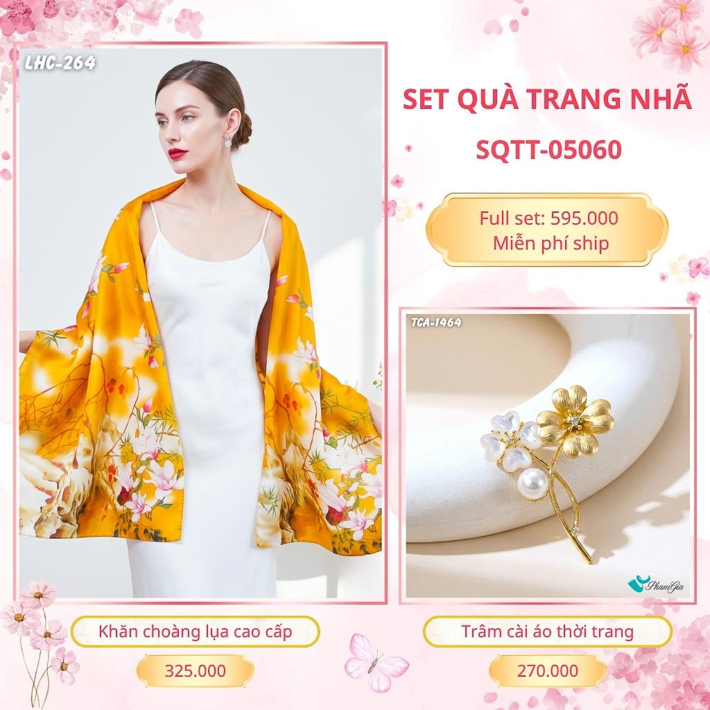 Set Quà Tặng Khăn Choàng Lụa 90*180cm Và Trâm Cài Áo Trang Nhã (SQTT05060)