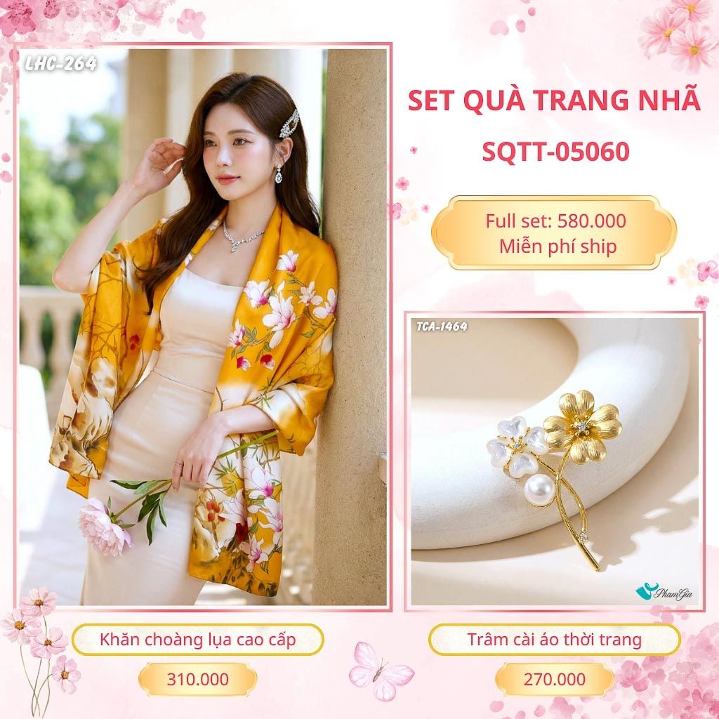 Set Quà Tặng Khăn Choàng Lụa 90*180cm Và Trâm Cài Áo Trang Nhã (SQTT05060)