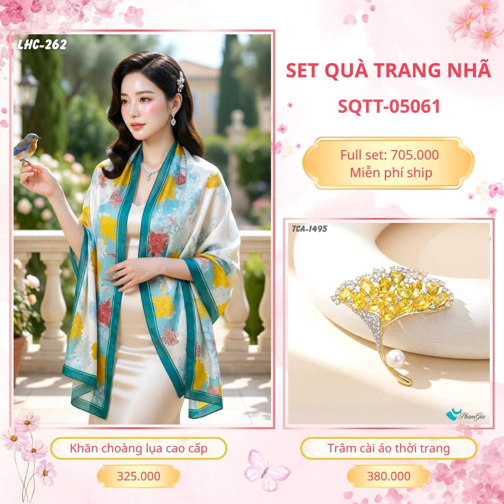 Set Quà Tặng Khăn Choàng Lụa 90*180cm Và Trâm Cài Áo Trang Nhã (SQTT05061)