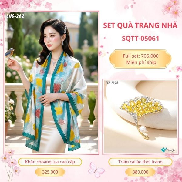 Set Quà Tặng Khăn Choàng Lụa 90*180cm Và Trâm Cài Áo Trang Nhã (SQTT05061)