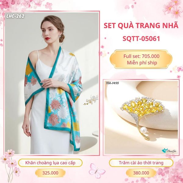 Set Quà Tặng Khăn Choàng Lụa 90*180cm Và Trâm Cài Áo Trang Nhã (SQTT05061)